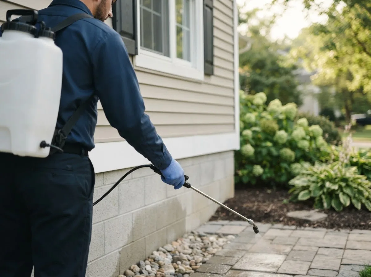 Pest control technician inspecting a home in Custer City, OK